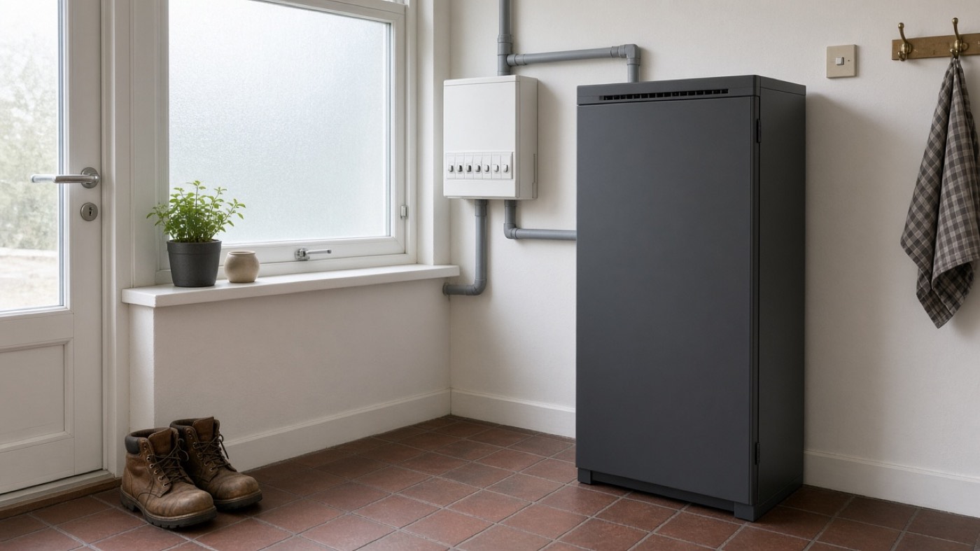 A home battery cabinet in a British utility room, next to the consumer unit