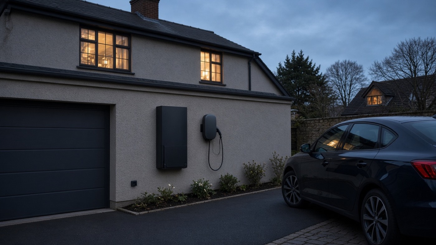A home battery and EV charger on a UK garage wall at dusk