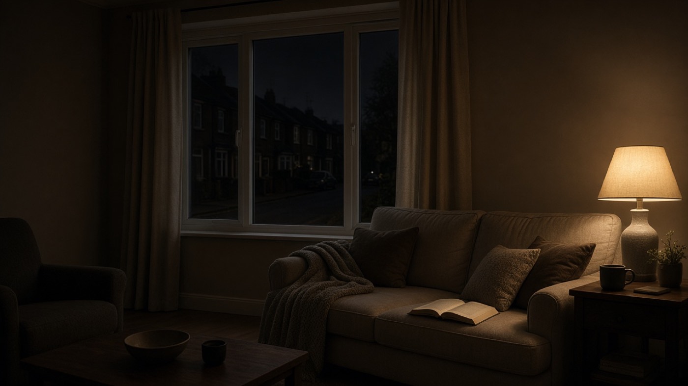 One lamp lit in a UK living room while the street outside is dark
