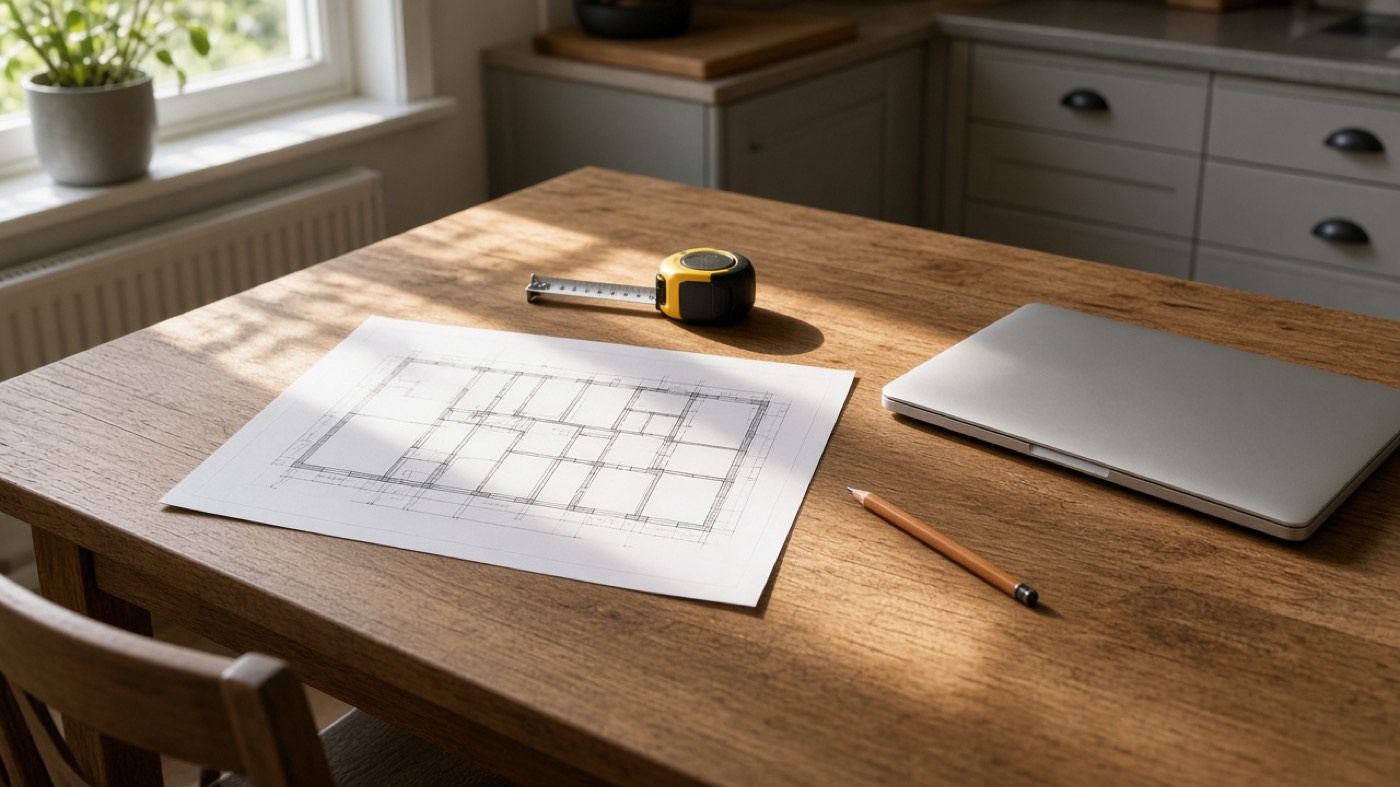 A floor plan, tape and laptop on a table before a battery quote